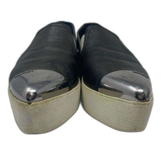 MIU MIU Black Leather Silver Metal Cap Toe Slip On Platform Sneaker EU 38 Italy - Picture 2 of 11